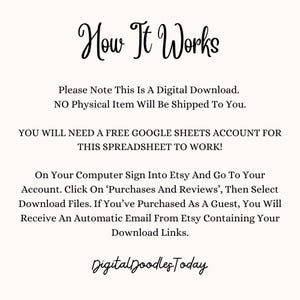 May include: A cream-colored digital download guide with black text. The title reads 'How It Works' in cursive. Instructions detail how to access the digital file after purchase, including Etsy download steps and Google Sheets account requirements.