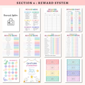 May include: A collection of printable reward system charts and templates. Includes a reward menu, behavior observation sheet, rewards chart, reward bucks, allowance chart, and certificates. The text "Reward System" is visible.