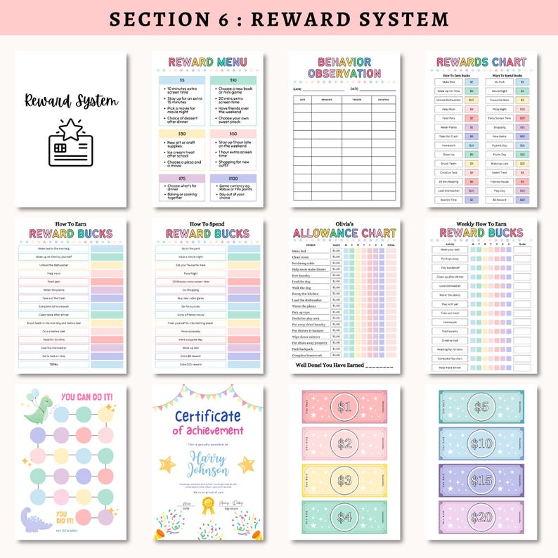May include: A collection of printable reward system charts and templates. Includes a reward menu, behavior observation sheet, rewards chart, reward bucks, allowance chart, and certificates. The text "Reward System" is visible.