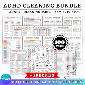May include: An ADHD cleaning bundle featuring 100 pages of printable planners, cleaning cards, and family charts. The collection includes checklists for moving, zone cleaning, weekly schedules, and bingo, all editable in A4 and US Letter sizes.