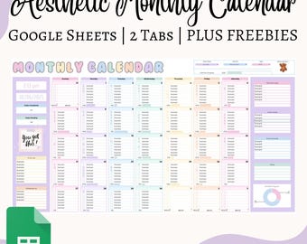 May include: An aesthetic monthly calendar with pastel colors. The calendar includes the text "Aesthetic Monthly Calendar", "GOOGLE SHEETS | 2 TABS | PLUS FREEBIES", and "MONTHLY CALENDAR". The calendar also includes the text "You got this!" and "INSTANT DOWNLOAD".