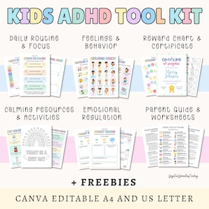 May include: A colorful Kids ADHD Tool Kit with various printable resources. The kit includes tools for daily routines, feelings, behavior, reward charts, calming activities, emotional regulation, and parent guides. The text "KIDS ADHD TOOL KIT" is at the top.