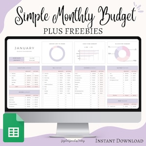 Puede incluir: Un monitor de computadora que muestra una plantilla de presupuesto mensual digital. La pantalla muestra varias secciones de seguimiento financiero, incluidos ingresos, gastos y ahorros. El texto "Simple Monthly Budget" y "PLUS FREEBIES" está en la parte superior.
