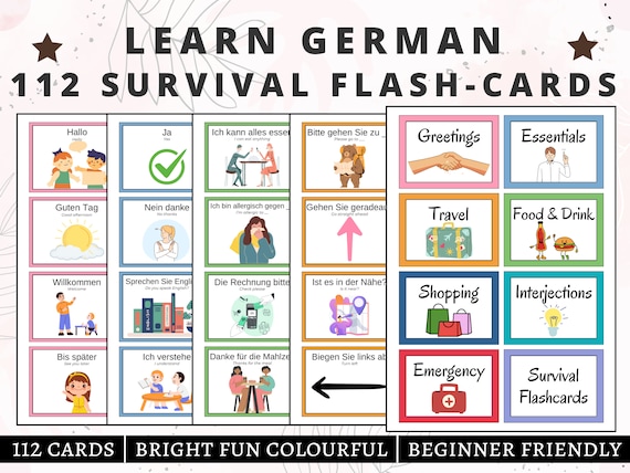 German Flashcards for Beginners, German Printable Flashcards, German Essential Phrases, Study German, German Language, German Practice