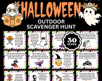 May include: A printable Halloween outdoor scavenger hunt game featuring 30 clues. The design includes cartoon ghosts, a skeleton, a bat, an owl, and a spider on a black background with orange text reading HALLOWEEN OUTDOOR SCAVENGER HUNT.