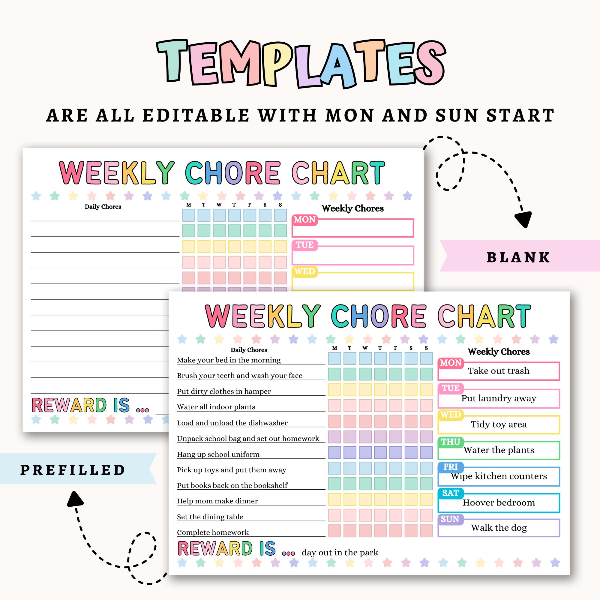 Editable Weekly Chore Chart for Kids | Printable Kids Responsibility ...