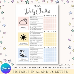 Może przedstawiać: Drukowana codzienna lista kontrolna zatytułowana "Daily Checklist Olivii". Lista kontrolna podzielona jest na sekcje poranne, popołudniowe i wieczorne, z polami wyboru dla każdego dnia tygodnia. Lista jest edytowalna w formatach A4 i US letter.