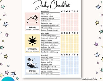 May include: A printable daily checklist with the title "Olivia's Daily Checklist". The checklist is divided into morning, afternoon, and evening sections, with checkboxes for each day of the week. The checklist is editable in A4 and US letter sizes.