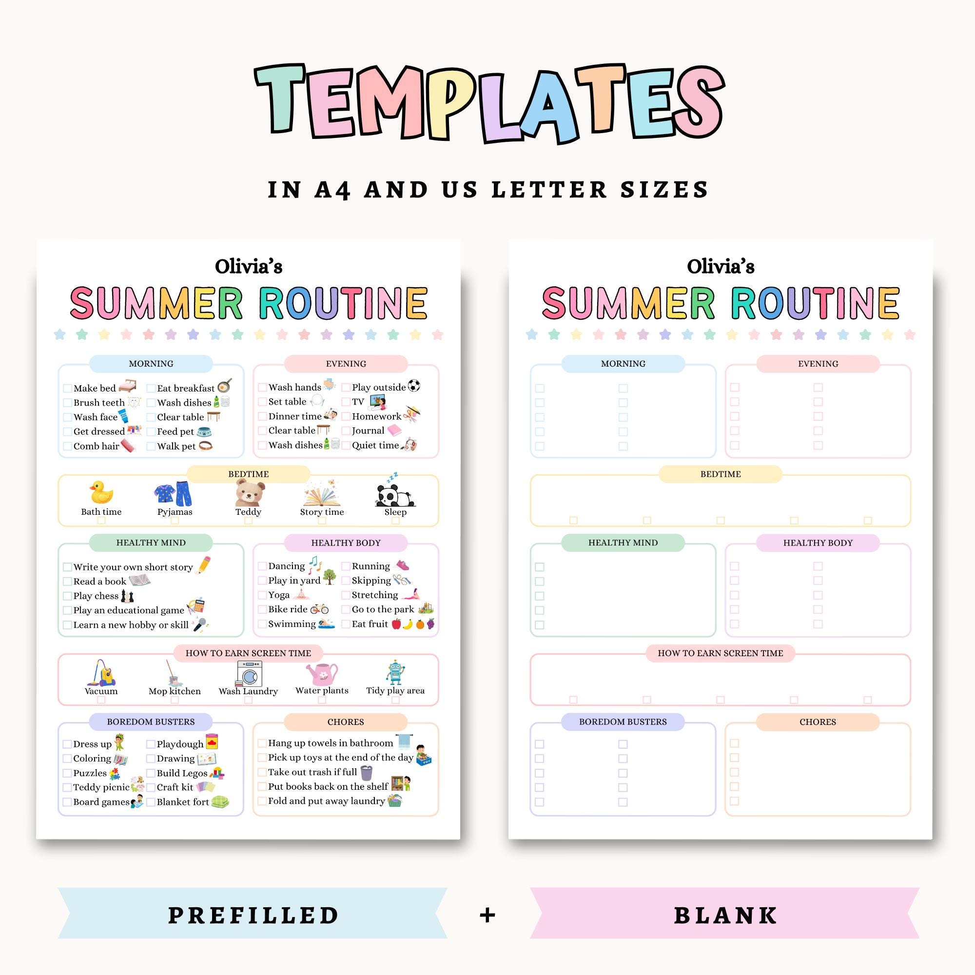 Summer Routine Pdf Editable Summer Daily Routine Kids | Summer Chore Chart Schedule ...