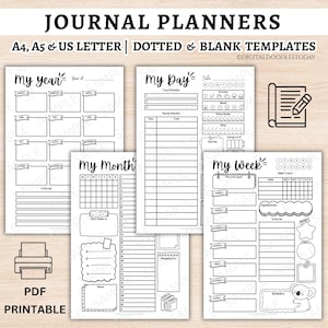 May include: A set of printable journal planners featuring black and white templates for My Year, My Day, My Month, and My Week. The pages include sections for schedules, habit trackers, to-do lists, and goals, with text labels like A4, A5 & US LETTER.