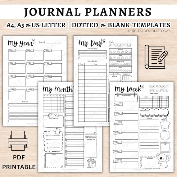 Daily Planner, Weekly Planner, Monthly Planner, Yearly Planner Printable Bullet Journal Templates, BUJO Daily Page, Bullet Journal Trackers