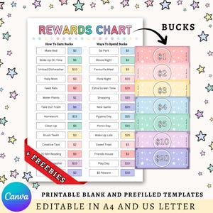 May include: A printable rewards chart with a colorful design. The chart includes sections for earning and spending "bucks" with various tasks and rewards listed. Includes freebies and editable templates in A4 and US Letter sizes.