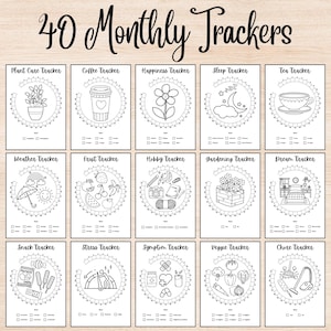 Bullet Journal Trackers, bez daty, 40 miesięcznych trackerów BUJO z rysunkami do kolorowania i śledzenia celu każdego miesiąca, Bullet Journal 2025, Habit Tracker