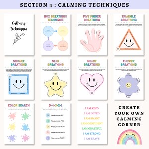 May include: A collection of printable calming techniques guides. The guides include Box Breathing, Five Finger Breathing, Triangle Breathing, Square Breathing, Star Breathing, Heart Breathing, Flower Breathing, Color Search, 5-4-3-2-1, and affirmations. The text "Calming Techniques" is at the top.