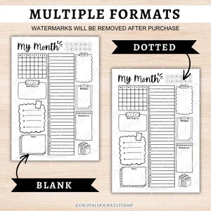 May include: Two printable monthly planner pages featuring the text My Month, a calendar grid, a numbered daily list, and sections for events, birthdays, shopping lists, and notes. One page has a blank background, and the other has a dotted grid.