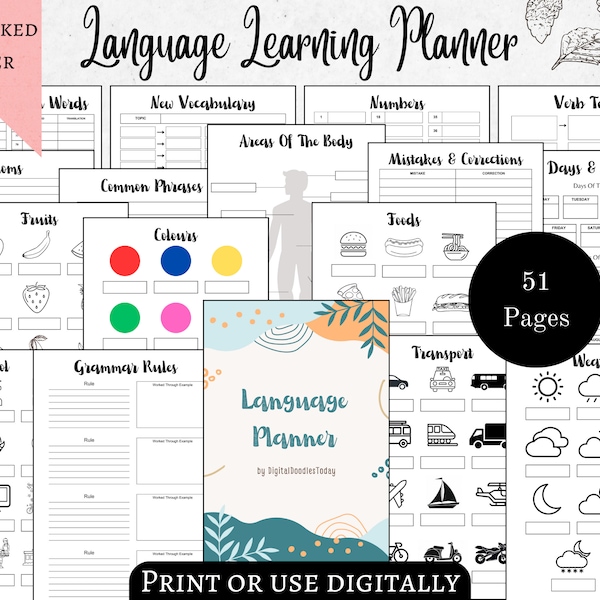 Language Learning Planner printable, Language study notebook, Vocabulary notebook, Polyglot Language Planner, Language learning journal Ipad