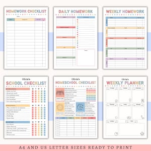 May include: A collection of printable homework and school checklists and a weekly planner. The checklists include sections for daily and weekly homework, school routines, and a weekly planner. The pages are decorated with pastel colors and star accents.