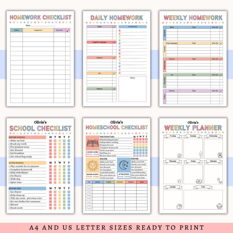 May include: A collection of printable homework and school checklists and a weekly planner. The checklists include sections for daily and weekly homework, school routines, and a weekly planner. The pages are decorated with pastel colors and star accents.