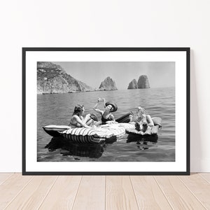 Three Women Eating Spaghetti on Floaties Capri, Italy 1939 Poster Vintage Wall Decor Large Photography Print