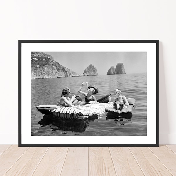 Black and White Photography  Vintage Three Women Eating Spaghetti on Floaties, Capri, Italy, 1939 Poster