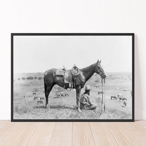 Cowboy and Horse Wall Print Vintage Cowboy 1907 Black and White Poster Western Art