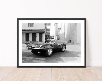 Steve McQueen Print, Steve McQueen Driving Jaguar Poster, Vintage Black and White Photography Print