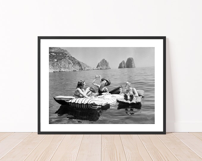 Three Women Eating Spaghetti on Floaties Capri, Italy 1939 Poster Vintage Wall Decor Large Photography Print