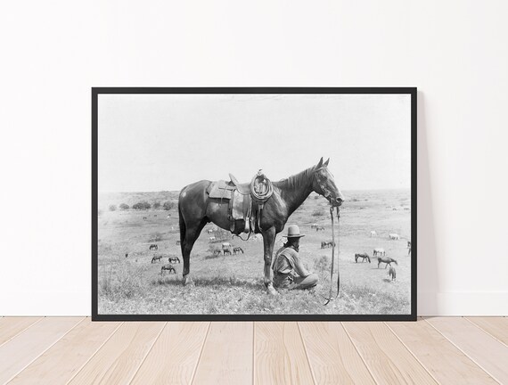 Cowboy and Horse Wall Print Vintage Cowboy 1907 Black and White Poster Western Art