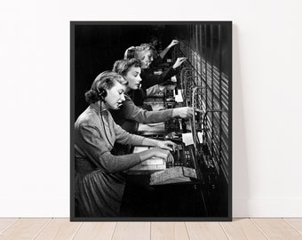 Black and White Vintage Historical Photo Female Telephone Switchboard Operators 1940s Poster Print