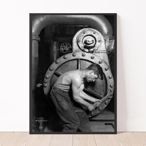 Black and white sexy man print 1920&#39;s vintage gay wall decor Lewis Hine Mechanic working man photography