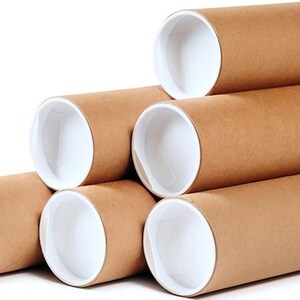 May include: A stack of brown cardboard mailing tubes with white interior lining. The tubes are cylindrical and vary in length, arranged in a slightly overlapping pattern against a white background. Ideal for shipping posters, artwork, or documents.