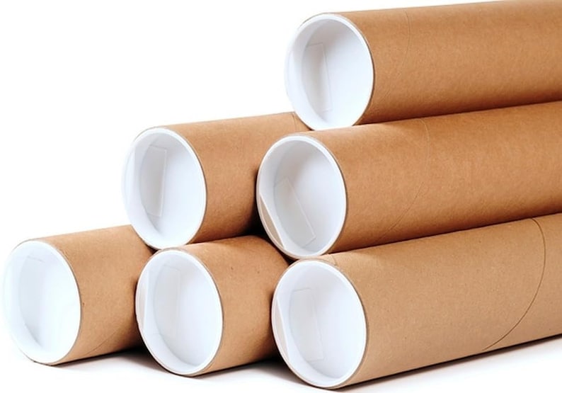 May include: A stack of brown cardboard mailing tubes with white interior lining. The tubes are cylindrical and vary in length, arranged in a slightly overlapping pattern against a white background. Ideal for shipping posters, artwork, or documents.