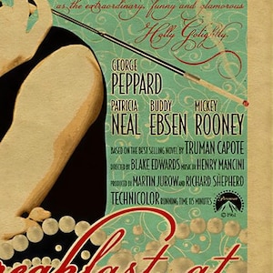 May include: Vintage movie poster for "Breakfast at Tiffany's" featuring Audrey Hepburn. The poster has a teal background with red and black text. The names of the cast and crew are listed. The poster is from 1961.