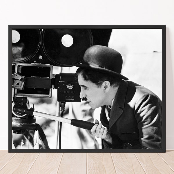 Charlie Chaplin Print Black and White Charlie Chaplin Behind Movie Camera Print 1935 Vintage Photography
