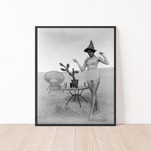 Vintage Beach Photo Black and White Woman Modelling Swimwear 1950&#39;s Beach Photo print Retro Swimsuit