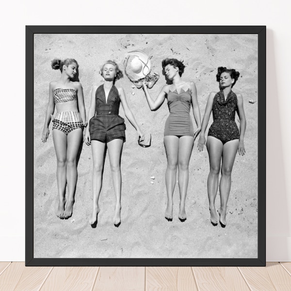 Vintage Retro Women on Beach Photography Post War 1950s Photo Print  Black and White Vintage Photo Print