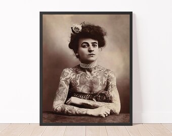 Vintage Photo Tattooed Woman Print Black and White Retro Woman Poster