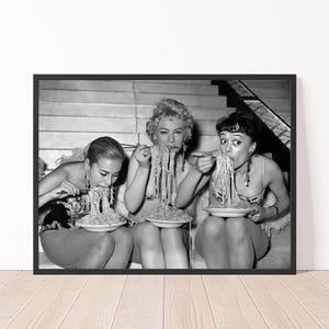 Women Eating Spaghetti Black and White Retro Women Print 1958 Vintage Wall Art
