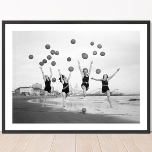 Vintage Beach Photography Women on Beach Jumping Balloons Print Black and White Women Poster