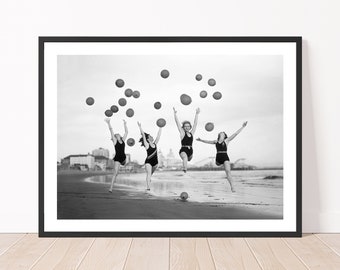 Vintage Beach Photography Women on Beach Jumping Balloons Print Black and White Women Poster