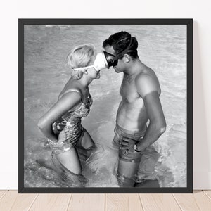 Vintage People Photography Two Swimmers with Swim Masks 1962 Black and White Photo Print