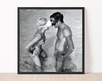 Vintage People Photography Two Swimmers with Swim Masks 1962 Black and White Photo Print