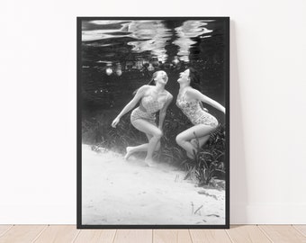 Black and White Underwater Photo Bobbing for Apples 1959 Women Vintage  Wall Art