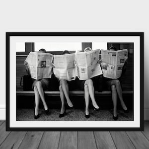 Vintage Photographs of Women Reading Newspaper Black and White Photo Print