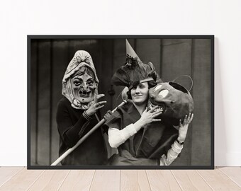 Vintage Halloween Print 1920s Women Dressed up for Halloween Black and White Halloween Wall Decor