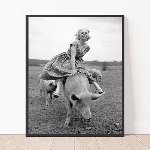 Pig Rider Black and White Photography Retro Woman Photograph Funny Vintage Photo Print