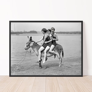 Vintage Beach Print Black and White Beach Wall Art  Three Women and a Donkey Arlington Beach 1924 Photo Print