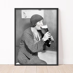 Woman Drinking Beer Print Bar Decor Black and White Speakeasy Decor Prohibition Wall Art