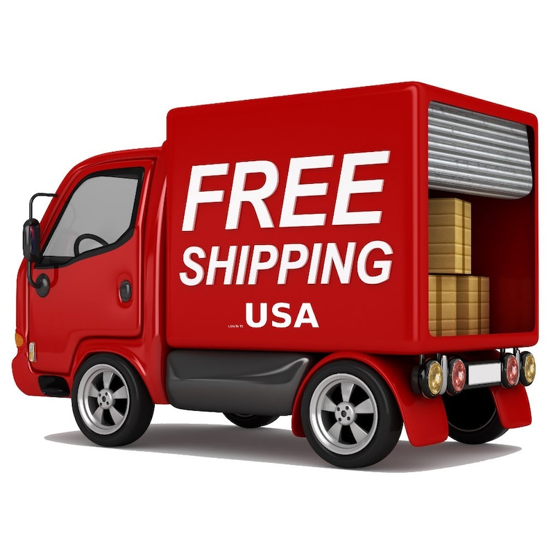 May include: A red delivery truck with the words "FREE SHIPPING USA" in white on the side. The truck has a partially open back, revealing cardboard boxes. The truck is on a white background.
