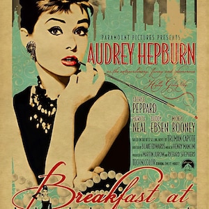 May include: Vintage movie poster for "Breakfast at Tiffany's" featuring Audrey Hepburn. The poster has a teal and tan color scheme with the film's title in large red letters. The poster includes the names of the cast and crew.
